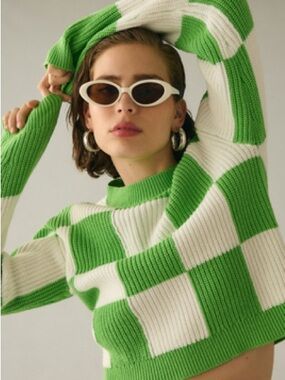 GREY LAB Green and White Checker Ribbed Crew Sweater